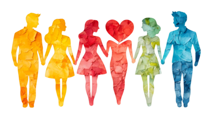 Diverse couples' silhouettes holding hands, representing love and inclusion, colorful textured forms against transparent backdrop