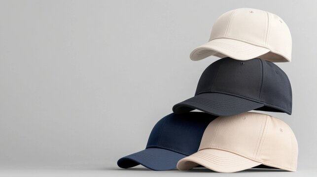 Stack of plain MLB-style caps in different shades, perfect for sports teams and corporate merchandising.
