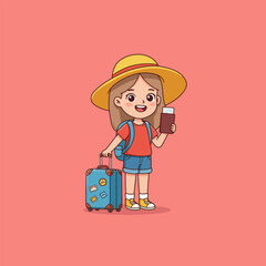 Cartoon Girl Traveling with Luggage Ticket and Smiling Warmly