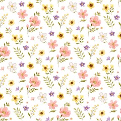 Botanical seamless pattern with small simple wild flowers, watercolor isolated illustration for floral textile, background design wallpaper, fabric, wrapping paper.