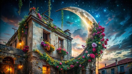 Obraz premium Crescent Moon, Blooming Flowers: Celestial Alchemy & Astrology Art