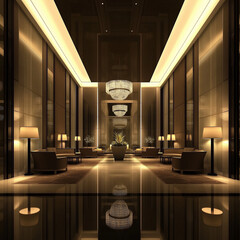 Elegant hotel lobby with contemporary design, warm lighting, and plush seating.