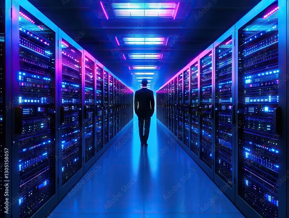 Poster exploring data management server room insights technology hub digital infrastructure futuristic envi