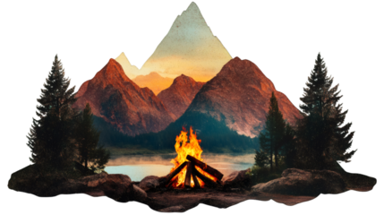 Bonfire burning near a mountain lake at sunset, with pine trees and rocks around, on a transparent background