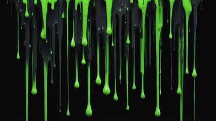 Abstract neon green and gray big paint drips on black background
