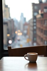 Fototapeta premium Morning Coffee in Cozy Urban Cafe with Scenic Cityscape View