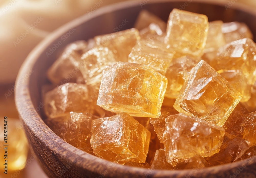 Poster close-up view of golden sugar cubes in wooden bowl with soft background and warm lighting creating a