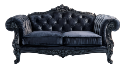 Luxurious dark blue velvet baroque sofa featuring a carved wooden frame, isolated on a transparent background, exuding elegance