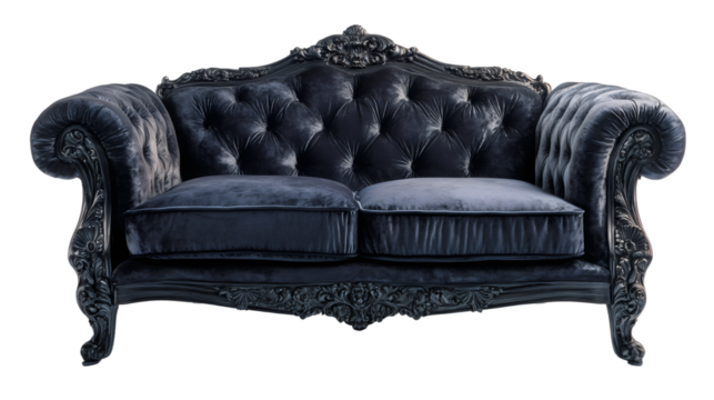 Luxurious dark blue velvet baroque sofa featuring a carved wooden frame, isolated on a transparent background, exuding elegance
