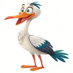 Fototapeta premium Cheerful Cartoon Stork Bird Character Happy Expression 3D Render Isolated White Background