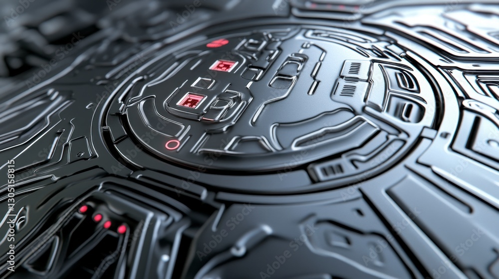 Aufkleber close up view of a metallic surface with intricate, circular patterns and glowing red lights. the te