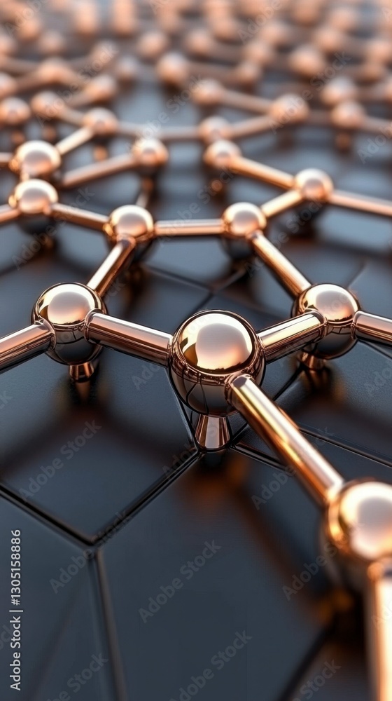 Poster microscopic view of metallic spheres linked together forming a hexagonal lattice pattern on a dark b