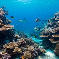 Fototapeta premium A resplendent underwater world brimming with marine life thrives among vibrant coral reefs, illuminated by sunbeams piercing through azure waters, creating a mesmerizing and harmonious scene.