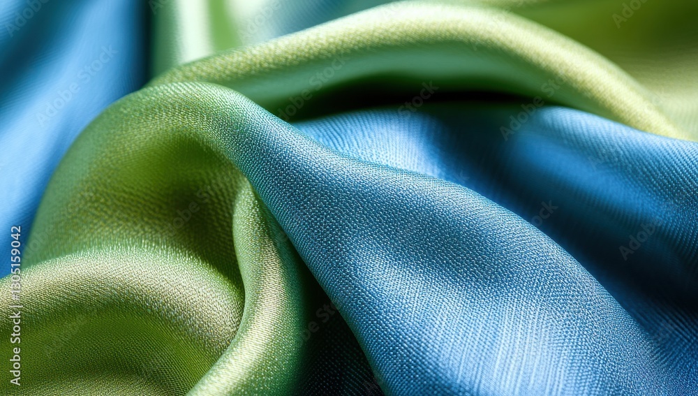 Poster close-up view of soft textured blue and green fabric with smooth waves showing the luxurious feel of