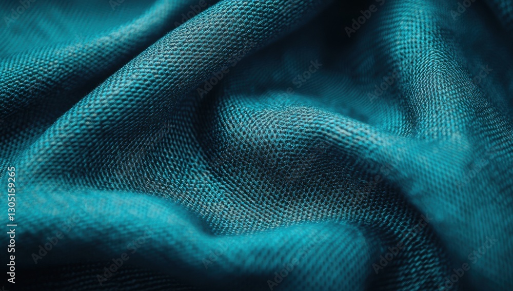 Poster close-up view of soft textured fabric in deep turquoise color highlighting the intricacies of woven 