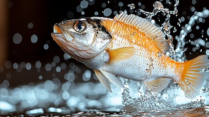 Leaping fish, water splash, dark background