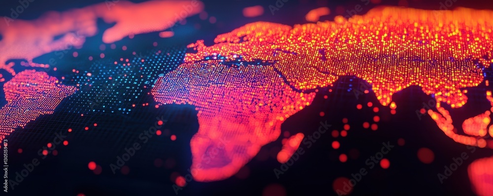 Poster a vibrant digital representation of a world map, illuminated by colorful dots, showcasing intricate 