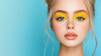 Closeup Portrait Young Woman Yellow Makeup Blue Background