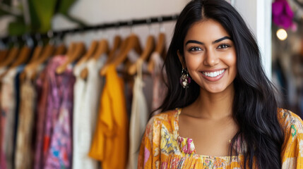 young indian woman standing at cloths store