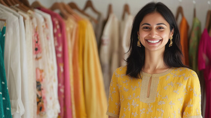 young indian woman standing at cloths store