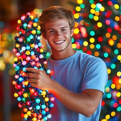 Young man holding Christmas lights in store