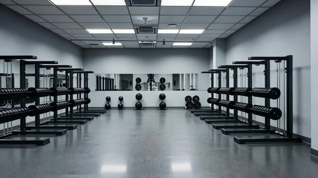 Modern Gym Interior with Rows of Weight Racks
