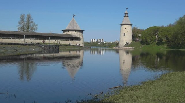 Sunny May day on the Pskova River. Historical center of Pskov, Russia