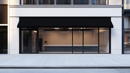 Modern Retail Storefront with Black Awning - Empty Shop Window Display