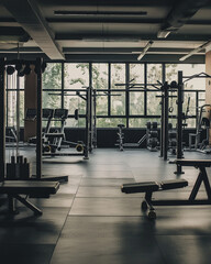 Empty gym with various weight training equipment near large windows.