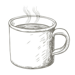 Hand-drawn camping mug sketch illustration, featuring a classic design with rugged details. Perfect for outdoor, adventure-themed designs, branding, and rustic lifestyle artwork.