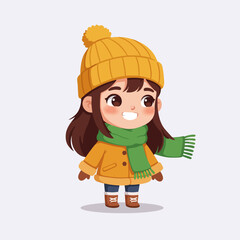 Cartoon Girl Wearing Winter Clothes Smiling with Green Scarf