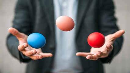 work-life balance concept, A person in a suit juggling three colorful balls: blue, pink, and red, showcasing skill and focus.