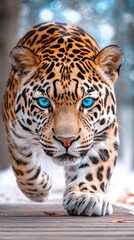 Obraz premium Close up of a majestic jaguar with striking blue eyes walking towards the camera in a snowy winter setting. The big cat's fur is detailed, showcasing its spots against a blurred background.