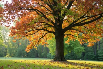 Naklejka premium A Tree With Leaves on the Ground in a Grassy Field - Generative AI