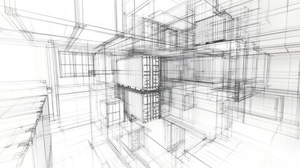 Abstract architectural blueprint design. Interior perspective sketch. Possible use Stock photo for architectural visualization