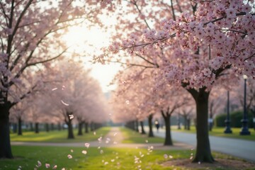 Naklejka premium A Park Filled With Pink Flowers and Trees That Are Blowing in the Wind - Generative AI