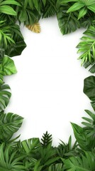 Lush green tropical leaves create a vibrant frame around a bright white background. The image is well lit, showcasing the texture and color of the foliage. Ideal for various design projects.