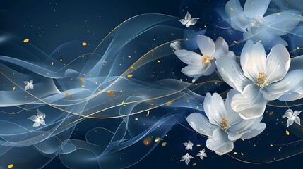 Serene Blue Floral Fantasy: An Abstract Artwork of Elegant White Blossoms and Swirling Gold Lines