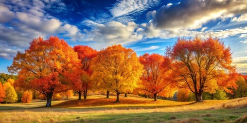 Autumnal splendor Vibrant foliage, majestic trees, and a picturesque landscape bathed in golden sunlight under a breathtaking autumn sky.