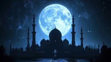 Majestic Mosque Silhouette at Night Under Full Moon