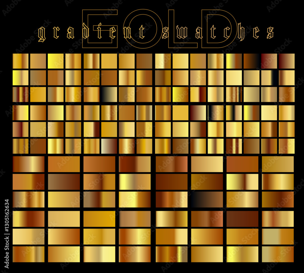 Poster elegant vector illustration featuring a wide array of gold gradient swatches. the design presents a 