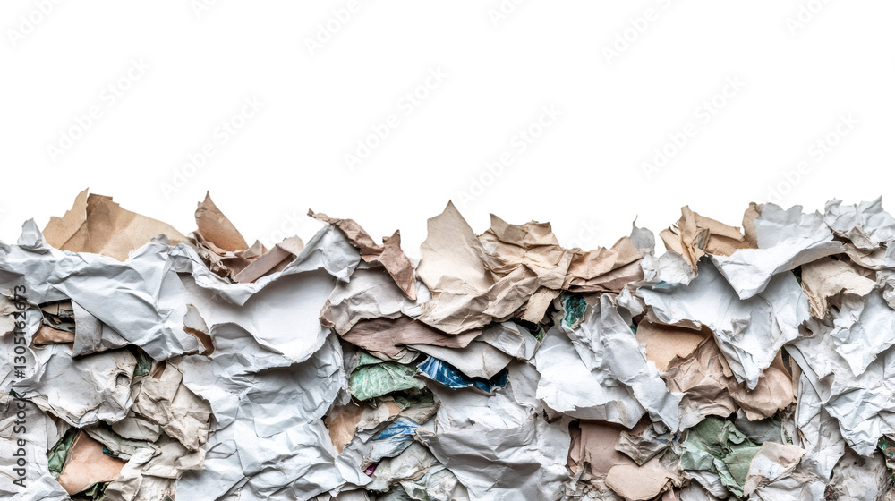 Poster seamless texture of crumpled paper and cardboard waste, forming a border on a transparent background