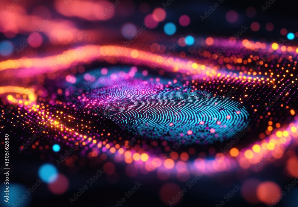 Poster colorful abstract representation of digital fingerprint technology with vibrant dots and waves, show