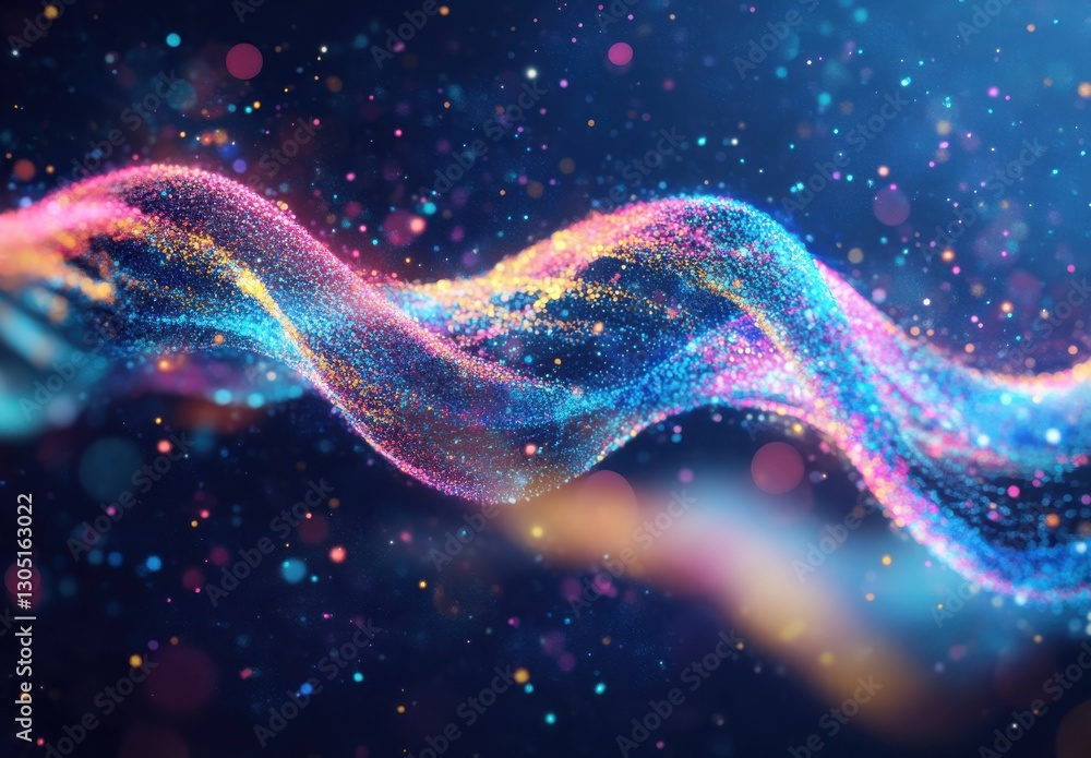 Poster colorful abstract wave of glittering particles illuminated by soft lights and bokeh creating a dream