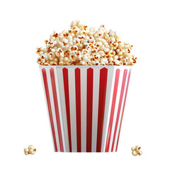 A red and white striped popcorn bucket filled with popcorn isolated on transparent background.