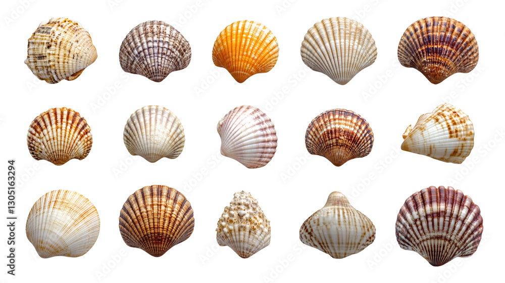Poster fifteen seashells of different shapes and colors isolated on transparent background, perfect for mar