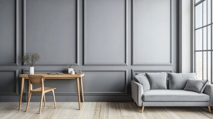 Modern gray room with wooden desk and sofa, showcasing spacious design
