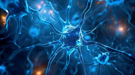 Microscopic View of Neuron Network: Intricate Cellular Structure in Blue Hues