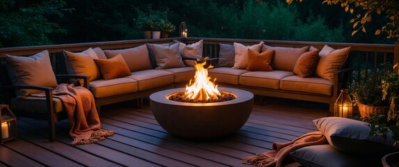Cozy composite deck with a fire pit and comfortable seating area illuminated at night