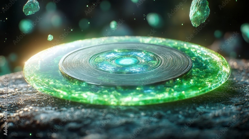 Poster glowing green disc with intricate details rests on a dark, rough surface. luminous particles float a